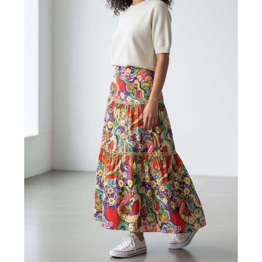 CK Bradley Colorful Maxi Skirt Tiered Boho Festival Style S Cotton Blend